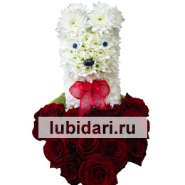 Собачка с сердцем из 19 роз из цветов
